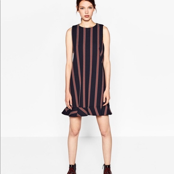 Zara Preppy Schoolgirl Striped Ruffle Mini Dress in Red & Navy School Girl 4 - Picture 5 of 9